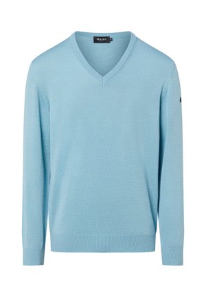 Light blue V-neck sweater made from soft fabric. Ribbed cuffs and hem; features a small black logo on the left sleeve.