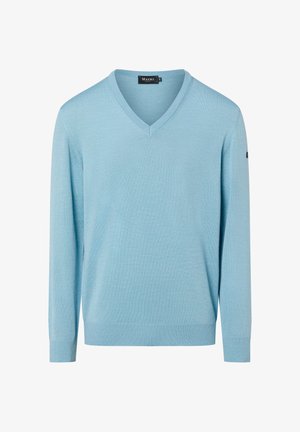 Hellblauer V-Ausschnitt-Pullover aus weichem Stoff. Gerippte Bündchen und Saum; auf dem linken Ärmel befindet sich ein kleines schwarzes Logo.