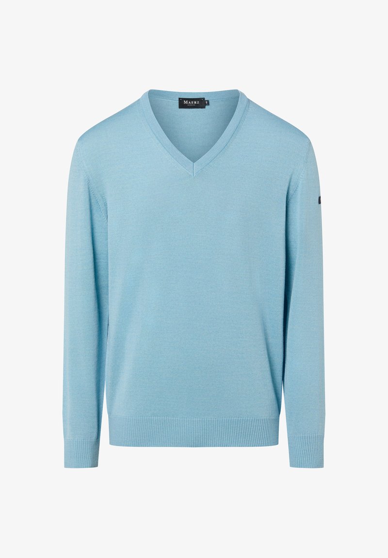 Hellblauer V-Ausschnitt-Pullover aus weichem Stoff. Gerippte Bündchen und Saum; auf dem linken Ärmel befindet sich ein kleines schwarzes Logo.