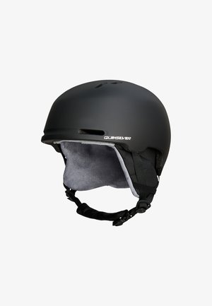 Black matte helmet with adjustable chin strap, padded interior, ventilation holes, and "Quiksilver" logo on the side.
