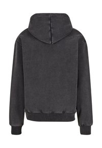 Szürke kapucnis pulóver, puha tapintással, elasztikus mandzsettákkal és résszel, minimalista dizájnnal, látható grafikák vagy minták nélkül.