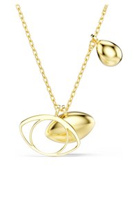 Colar de ouro com um pendente oval com um design de olho aberto e um acabamento suave em gota. A corrente é entrelaçada e resistente.
