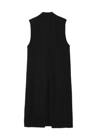 Ärmelloses schwarzes Kleid mit hohem Kragen, geradem Schnitt und glatter Textur. Verfügt über einen langen Schlitz hinten und ein minimalistisches Design.