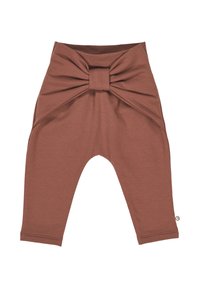 Bruine katoenleggings met een grote knoopdetail in de taille, taps toelopende benen en een zachte textuur. Bevat zijpanelen en subtiele stiksels.