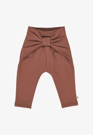 Hnědé bavlněné legíny s velkým uzlovým detailem v pase, zúženými nohavicemi a hladkou texturou. Obsahují postranní panely a decentní švy.