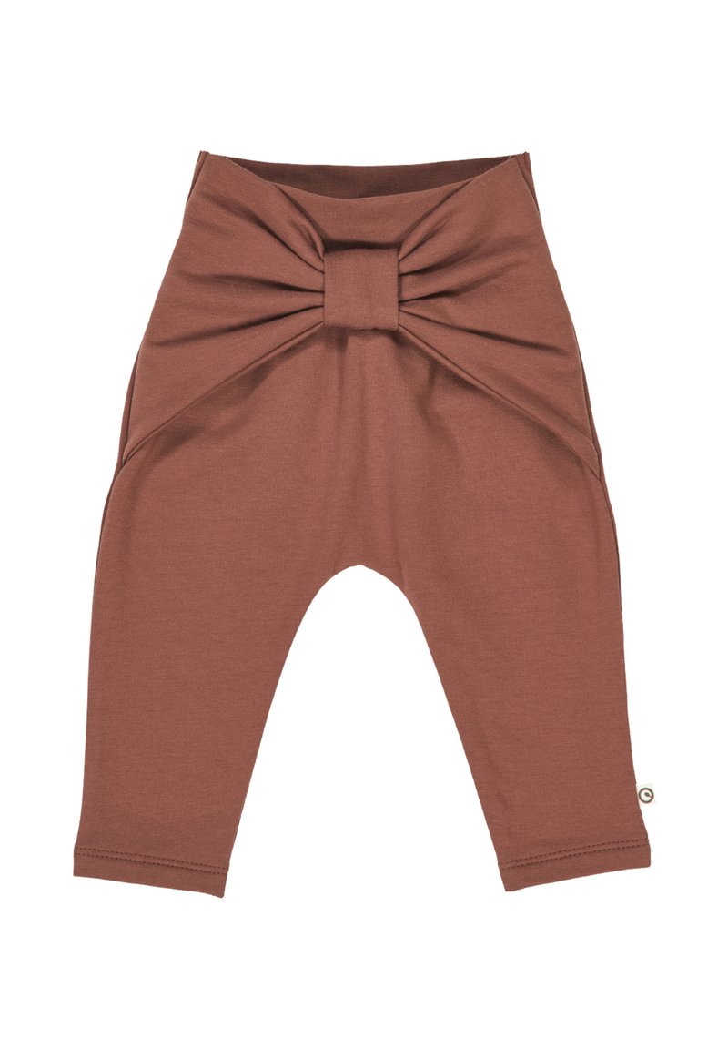 Bruine katoenleggings met een grote knoopdetail in de taille, taps toelopende benen en een zachte textuur. Bevat zijpanelen en subtiele stiksels.
