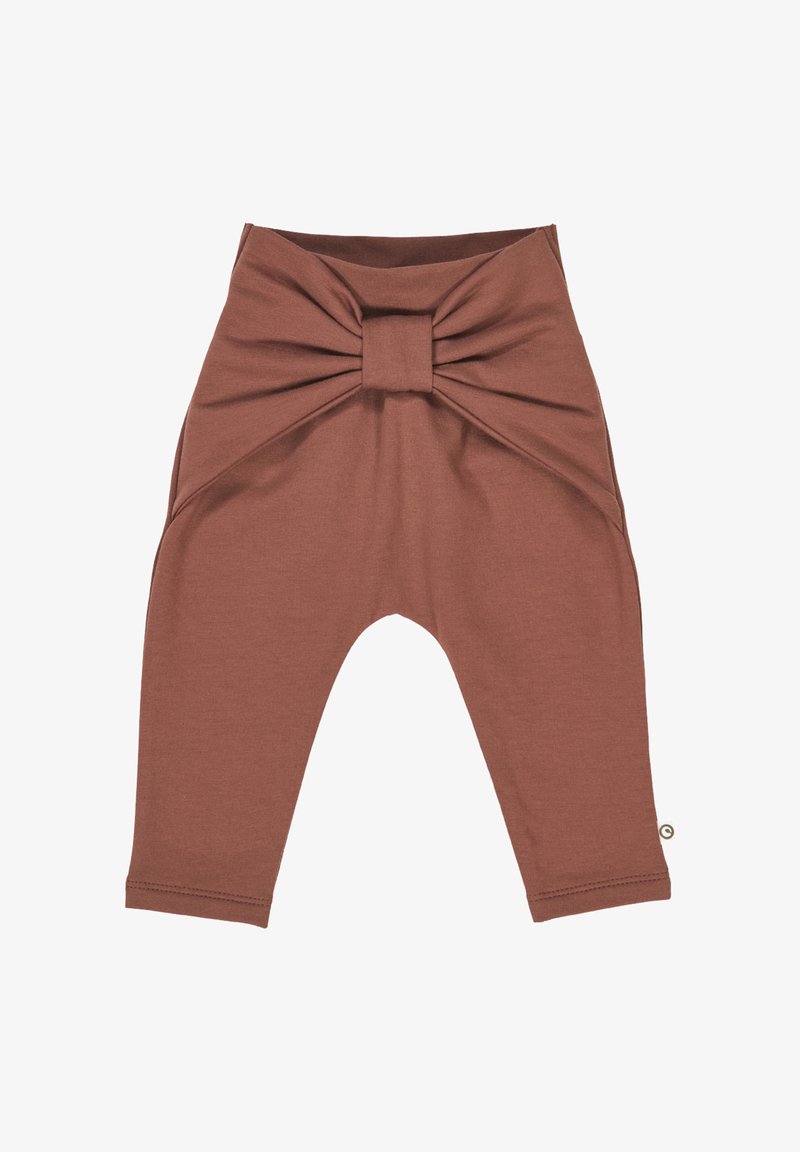 Bruine katoenleggings met een grote knoopdetail in de taille, taps toelopende benen en een zachte textuur. Bevat zijpanelen en subtiele stiksels.