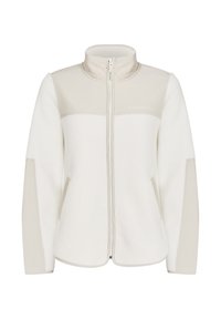 Kurtka z polaru w kolorze białym z jasnobeżowymi panelami. Posiada wysoki kołnierz, zamek błyskawiczny z przodu oraz boczne kieszenie. Miękka w dotyku o dopasowanym kroju.