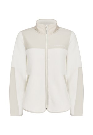 Chaqueta de forro polar en blanco con paneles beige claro. Cuenta con un cuello alto, cierre frontal con cremallera y bolsillos laterales. Textura suave con una silueta ajustada.