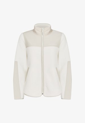 Fleecetröja i vitt med ljusbeige paneler. Har hög krage, dragkedja fram och sidofickor. Mjuk textur med en figursydd silhuett.