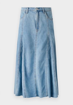 Svetlo modra denimskA krila s razširjenim dizajnom, z gumbnim zapiranjem, zankami za pas in navpičnimi šivi. Dolžina do sredine meč.