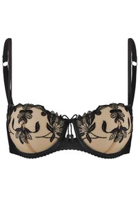Soutien-gorge noir brodé avec une base nude transparente, des détails en dentelle florale, un soutien-gorge à armatures, des bretelles réglables et un accent en nœud au centre.