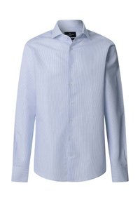 Chemise slim-fit bleu clair à fines rayures verticales, manches longues, poignets boutonnés et col italien.