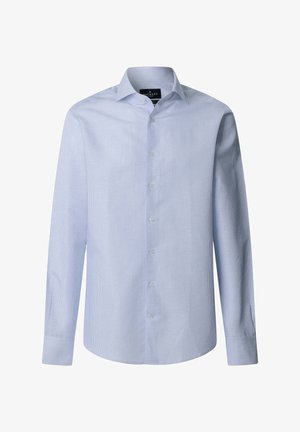Chemise slim-fit bleu clair à fines rayures verticales, manches longues, poignets boutonnés et col italien.