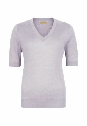 Light purple short-sleeve V-neck knit sweater with ribbed cuffs and hem, labeled Falconeri inside the collar.