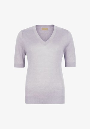Light purple short-sleeve V-neck knit sweater with ribbed cuffs and hem, labeled Falconeri inside the collar.