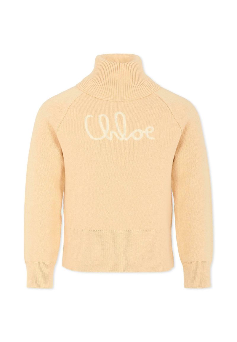 Maglione a collo alto beige con colletto e polsini a costine; presenta un logo bianco "Chloe" in evidenza sul petto; texture morbida.