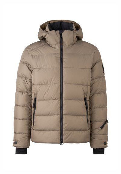 Puffer jacket in beige, featuring a hood, zip front, side pockets, and black accents. Textured surface with horizontal stitching.