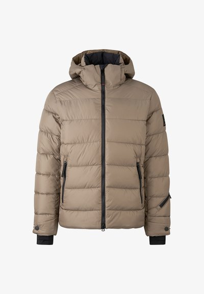 Puffer jacket in beige, featuring a hood, zip front, side pockets, and black accents. Textured surface with horizontal stitching.