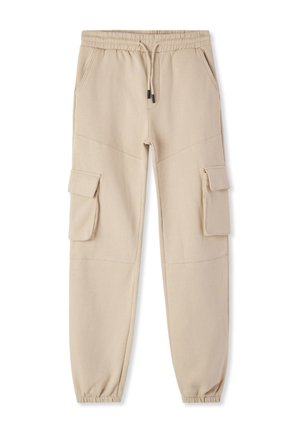 Pantaloni cargo beige realizzati in materiale morbido con una cintura elastica, due tasche laterali e due tasche con pattina sulle cosce.