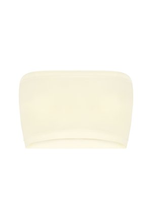 Off-white strapless bandeau top with smooth fabric and no visible seams or decorations.