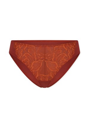 Rust-colored women's briefs with floral lace front panel and solid fabric sides, displayed on a white background.