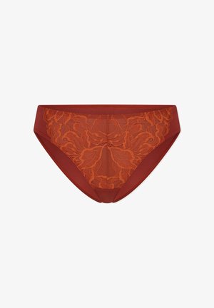 Rust-colored women's briefs with floral lace front panel and solid fabric sides, displayed on a white background.