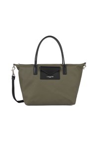 Borsa tote in nylon verde oliva con dettagli in pelle nera, doppi manici, una tracolla removibile e una tasca con patta sul davanti.