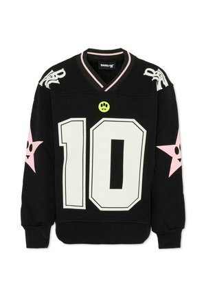 Sweat-shirt noir avec un col en V, portant le numéro « 10 » en blanc, des étoiles roses en accent et un badge avec un visage souriant. Texture douce, design sportif.