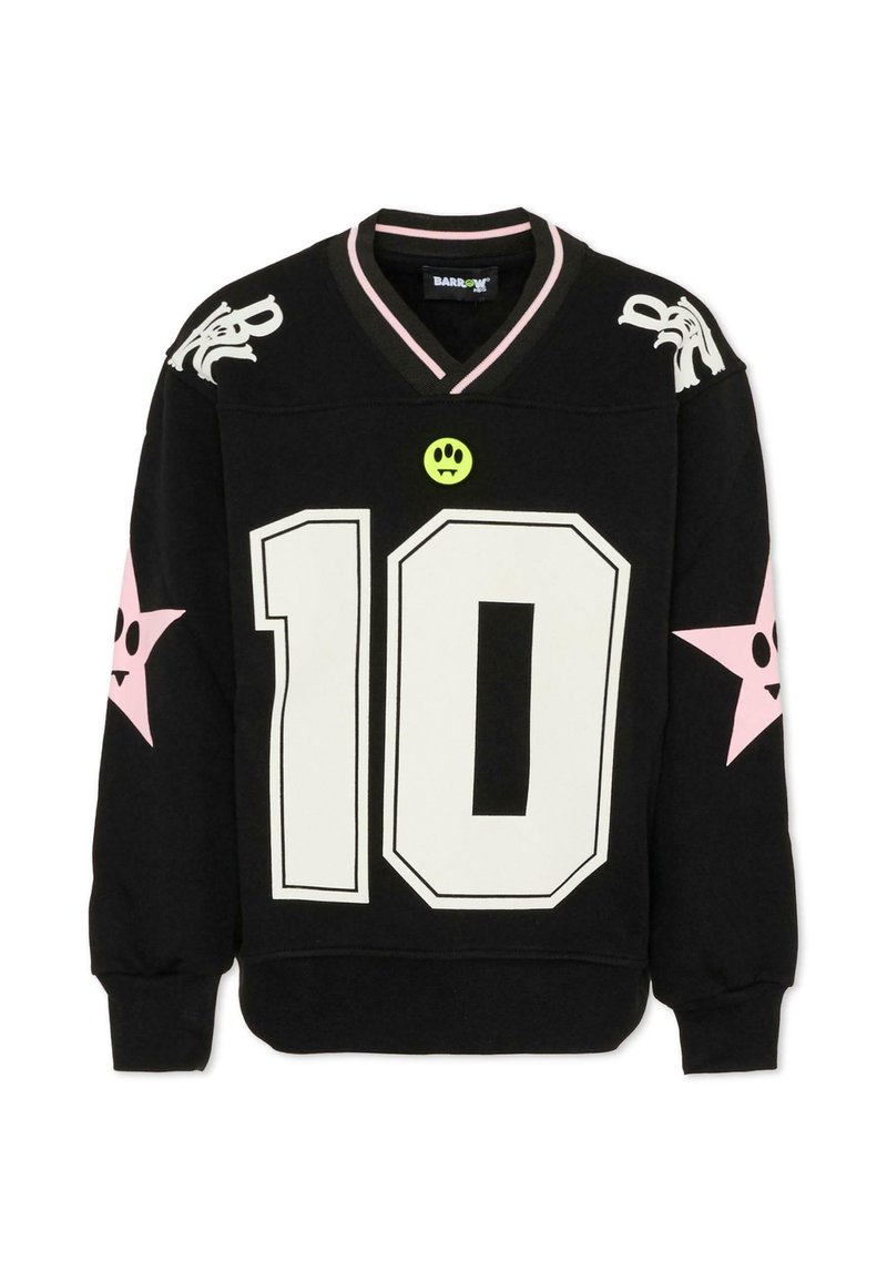 Felpa nera con scollatura a V, decorata con il numero bianco "10", accenti di stelle rosa e un distintivo con faccina sorridente. Tessuto morbido, design sportivo.