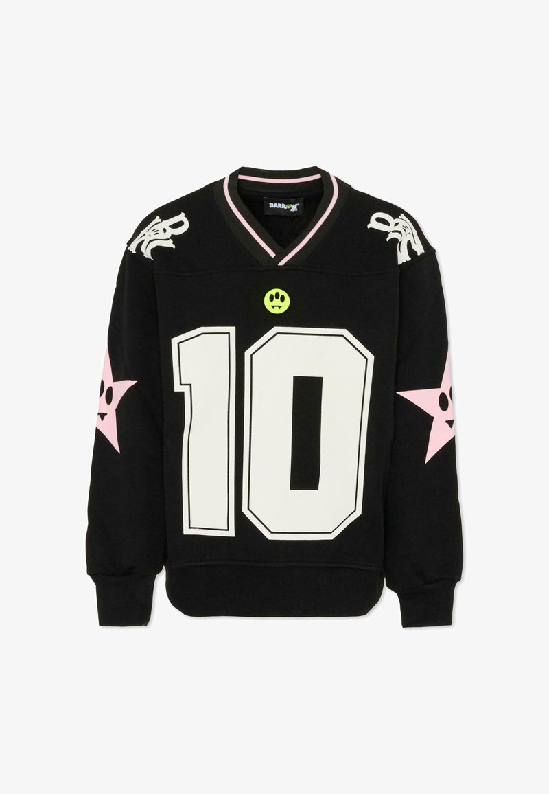 Czarna bluza z dekoltem w serek, z białymi cyframi "10", różowymi gwiazdkami oraz odznaką z uśmiechniętą buźką. Miękka tekstura, sportowy design.