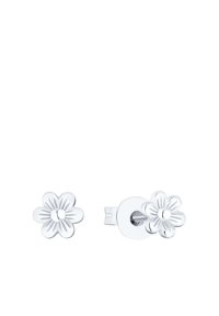 Silberne ohrringe in Blumenform mit detaillierten Blütenblättern und einer zentralen flachen Scheibe. Jedes Ohrgerät verfügt über einen Stecker und einen Schmetterlingsverschluss für sicheren Sitz.