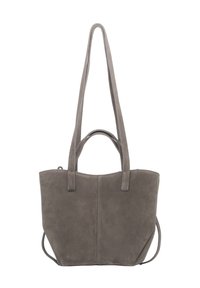 Szara torebka tote ze zamszu z wydłużonymi uchwytami, wyraźną formą i widocznymi detalami szycia. Charakteryzuje się subtelną teksturą, bez ozdób.
