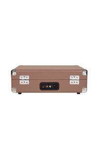 Brown case with metal accents. Features include a smooth surface, metal corners, and audio input ports on the back. Compact rectangular shape.