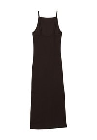 Robe midi noire sans manches en tissu lisse avec des fines bretelles et une silhouette ajustée, dotée d'un design simple et droit.