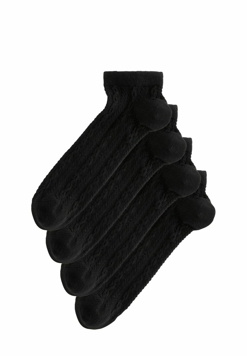Calcetines negros de tripulación en un paquete de cinco, con textura acanalada y un acabado suave en los dedos del pie y el tobillo, diseñados para la comodidad y durabilidad.