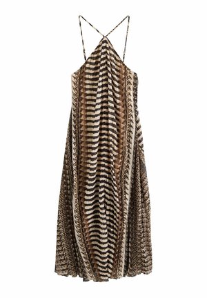 Faltiges Midikleid mit Halfter-Ausschnitt, dünnen gekreuzten Trägern und einer Mischung aus braunen, beigen und schwarzen Animal-Print-Mustern.