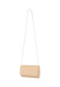 Metallic guld clutchväska med en texturerad, vävd mönster och en kedjehandtag. Har en fällbar flik och rundade kanter.