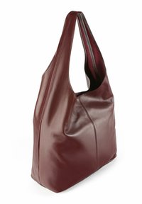 Burgundy leather hobo bag with a soft texture, slouchy shape, and wide shoulder strap, featuring subtle stitching details on the body.