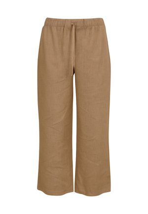 Lysebrune, vidde cropped bukser med elastisk talje og snøre, lavet af et tekstureret stof.