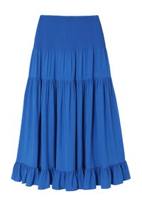 Gonna midi blu a strati con vita elastica e orlo arricciato. Realizzata in tessuto leggero, presenta pannelli fluttuanti e arricciati.