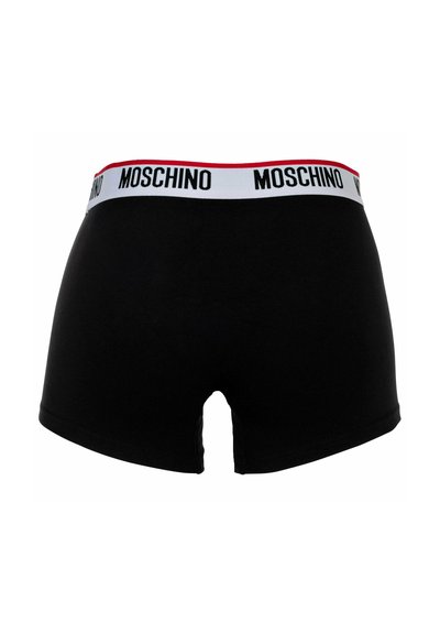 Boxer briefs neri in cotone con un elastico bianco su cui è stampato "MOSCHINO" in nero e rosso. Tessuto morbido e design aderente.