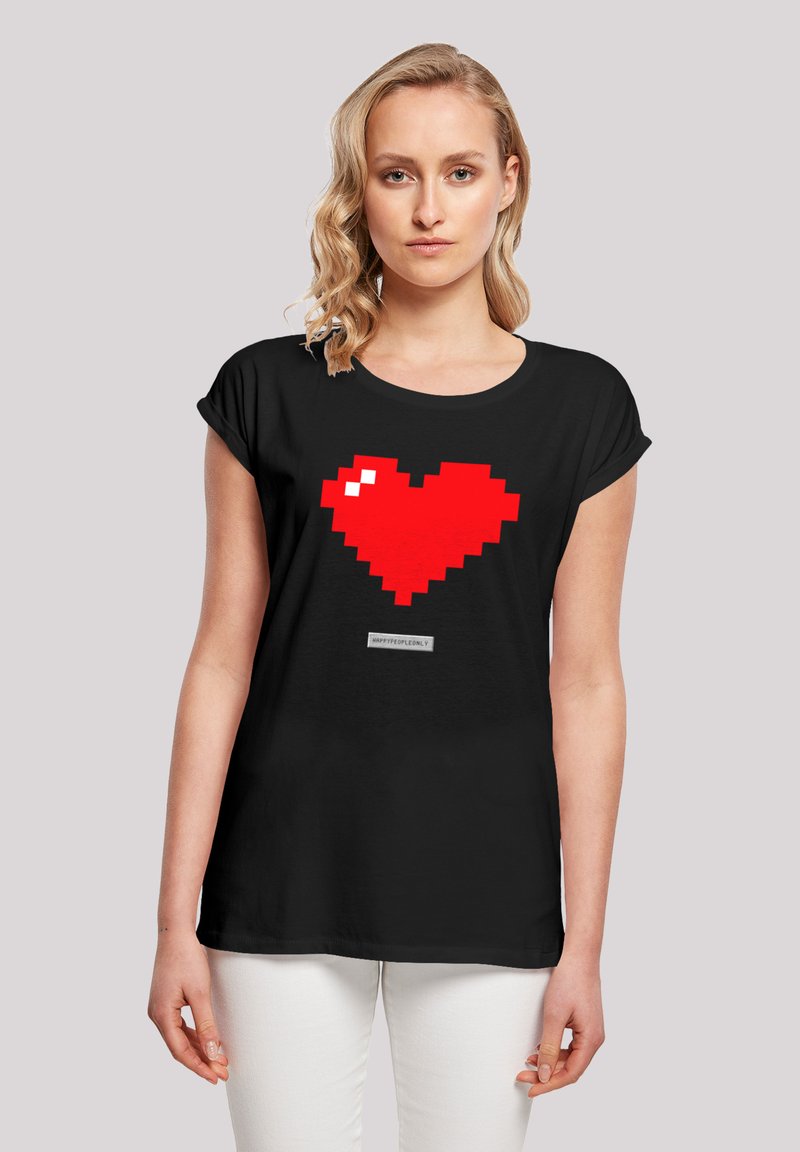 Black short-sleeve t-shirt featuring a pixelated red heart graphic and a tag with "HAPPY PEOPLE ONLY" text on the front.