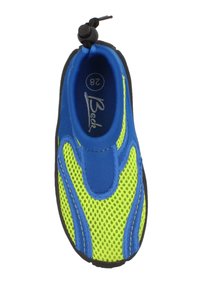 Blaues und neongelbes Mesh-Slipper mit schwarzer Gummisohle. Verfügt über ein geformtes Design und einen elastischen Zug für einen sicheren Sitz. Größe 28.