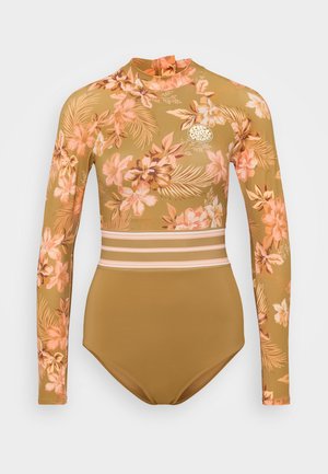 Fato de banho de mangas longas na cor verde-oliva com padrão floral em rosa e creme. Apresenta um gola alta e riscas horizontais na cintura.