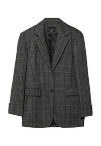Blazer gris à motif pied-de-poule avec revers crantés, fermeture à un bouton, deux poches avant et poignets à trois boutons. Doublure intérieure lisse.