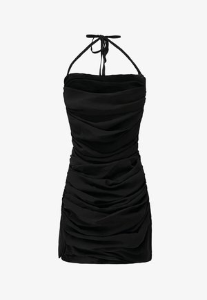 Zwart halter mini-jurk met een gerimpeld ontwerp, met een strik halslijn, textuurstof en een asymmetrische zoom voor een getailleerde look.
