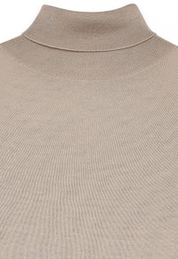 Beige Rollkragenoberteil aus einem weichen, gestrickten Stoff. Es hat einen hohen Kragen und eine glatte Textur, mit gerippten Akzenten am Halsauschnitt.