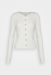 Biała, prążkowana kardiganka z długim rękawem, okrągłym dekoltem i siedmioma beżowymi guzikami z przodu.