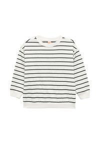 Biały sweatshirt z czarnymi poziomymi paskami, okrągłym dekoltem, prążkowanymi mankietami i dołem oraz miękkim, teksturowanym materiałem.